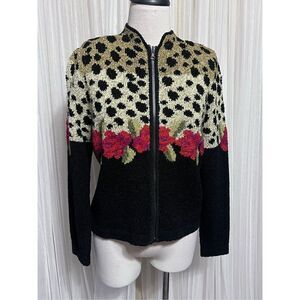 South Cotton Hand knit Leopard Floral long Sleeve Cardigan Sweater Jacket Small